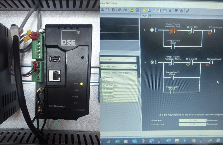 Wiring overhaul and DSE890 MKII Gateway installation for remote monitoring. DSE Configuration Suite PLC logic programming for automated generator scheduling.