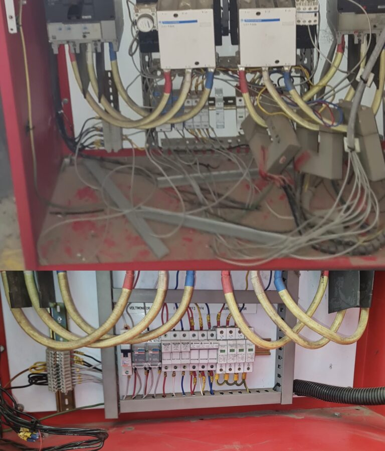 Before and after comparison of ATS panel wiring reorganization and cleanup.